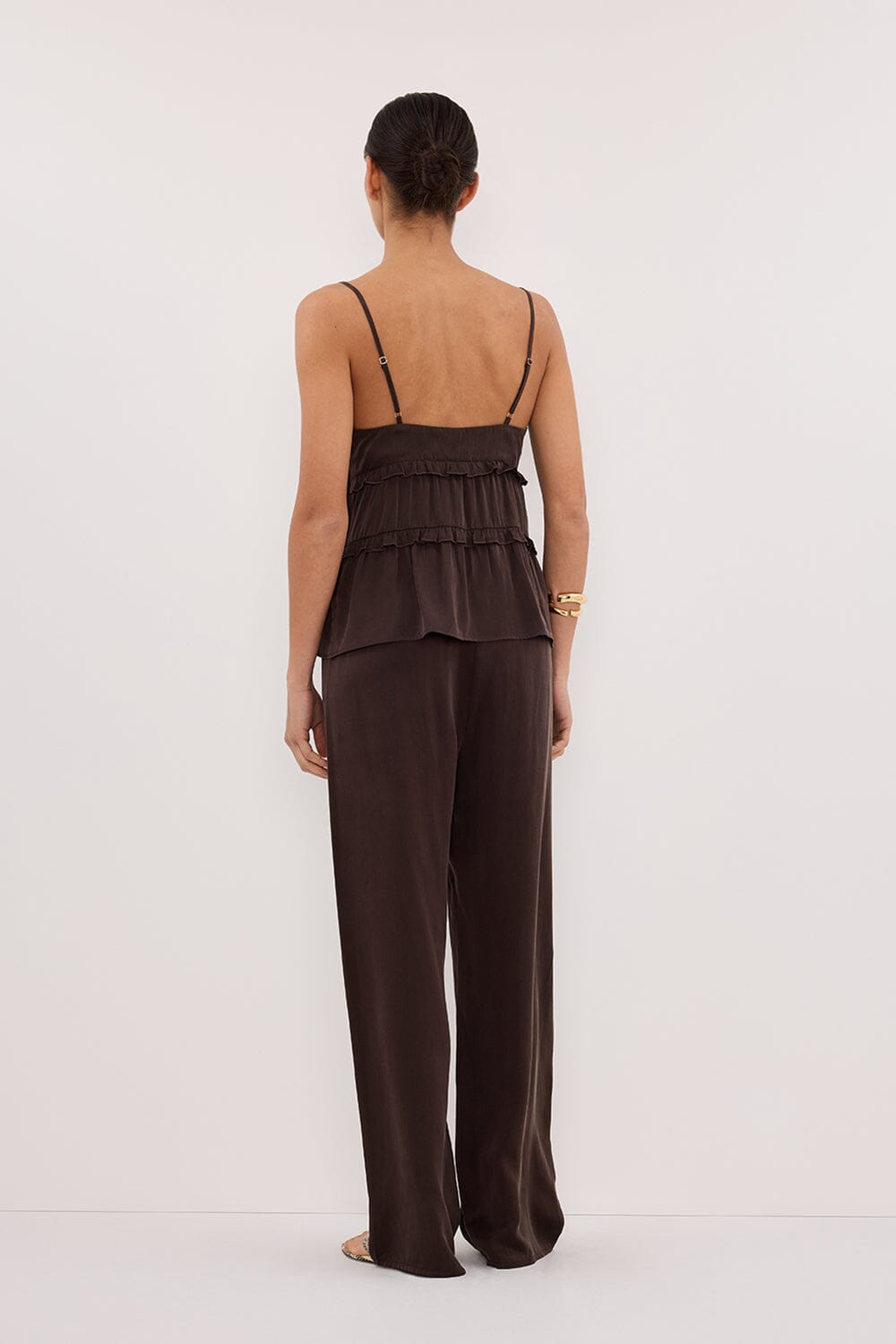 LENA BITTER CHOC SILK SLEEVELESS FRILL TOP Clothing DISSH Boutiques 