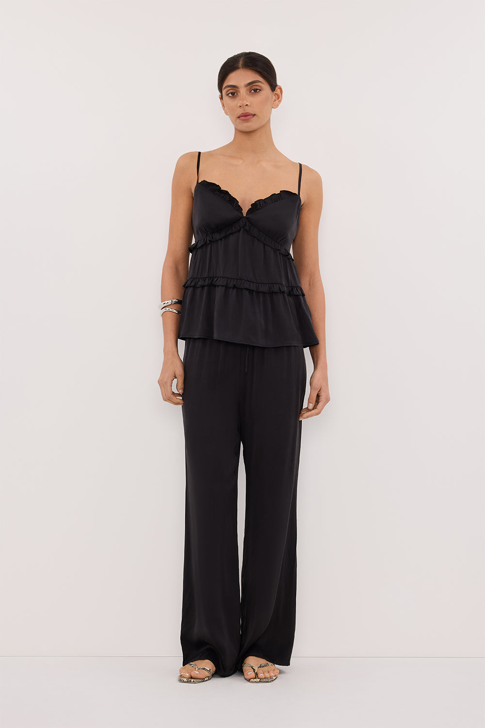 LENA BLACK SILK SLEEVELESS FRILL TOP