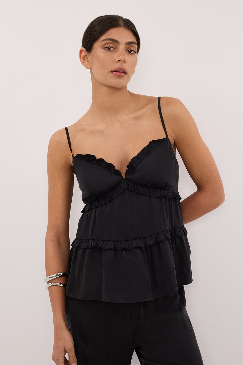 LENA BLACK SILK SLEEVELESS FRILL TOP Clothing DISSH Boutiques 4 BLACK 