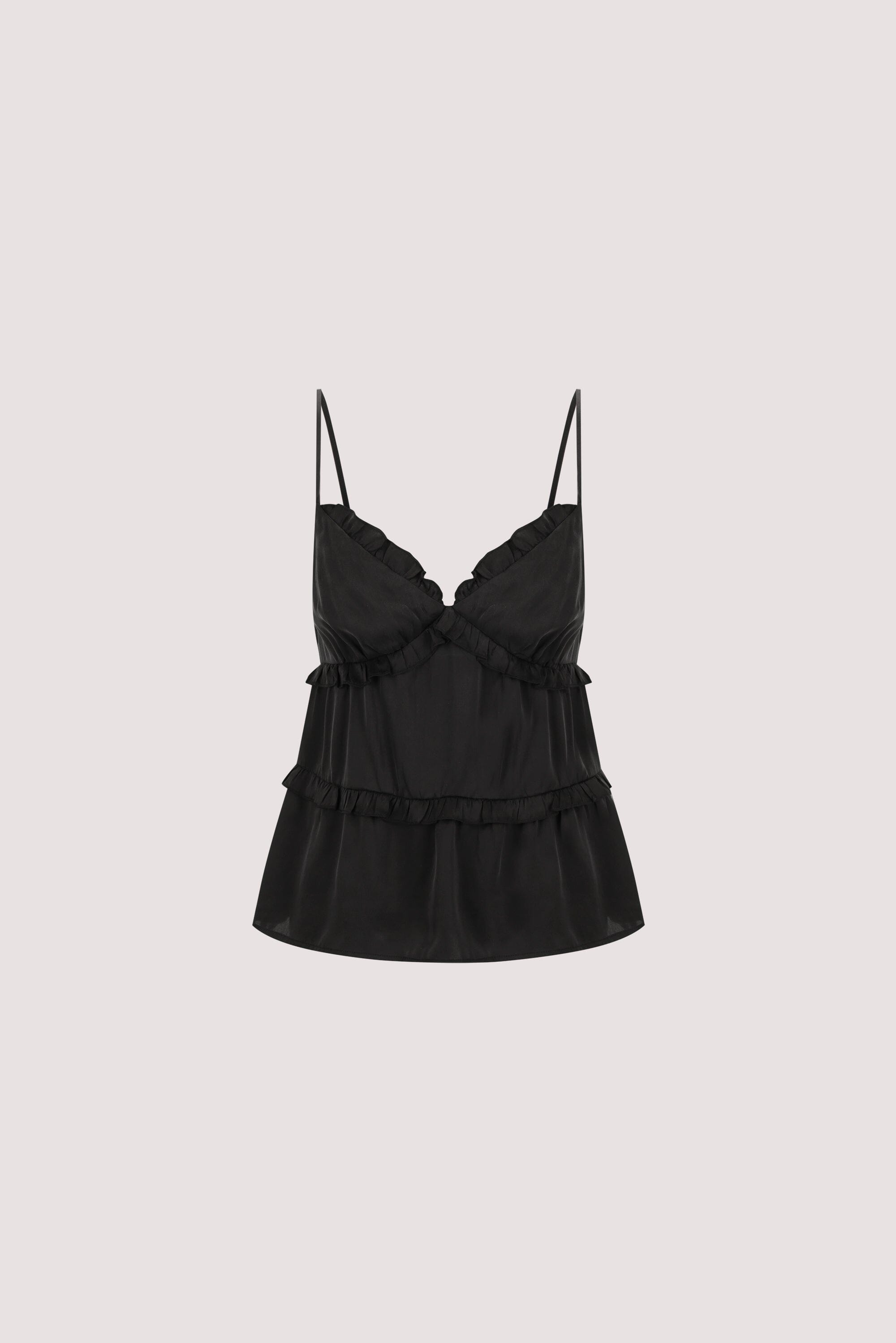 LENA BLACK SILK SLEEVELESS FRILL TOP