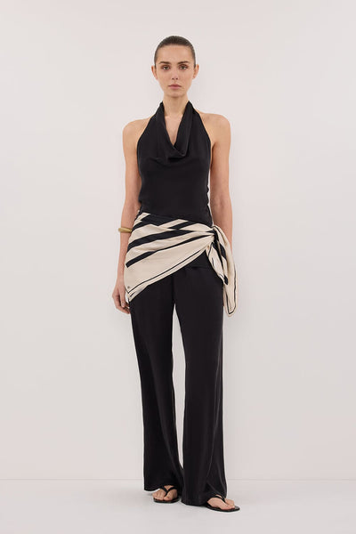 Stas wearing CARLENE BLACK SILK COWL NECK TOP