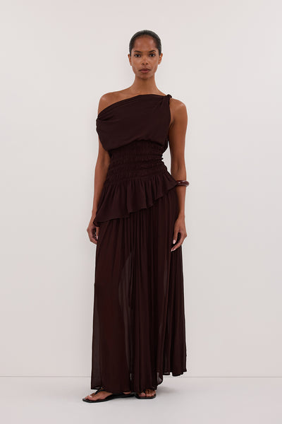 Kristen wearing TIANA DARK CHOC ASYM TOP