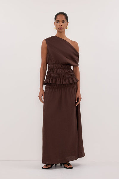 Kristen wearing MAIA COCOA SLEEVELESS LINEN SHIRRED TOP