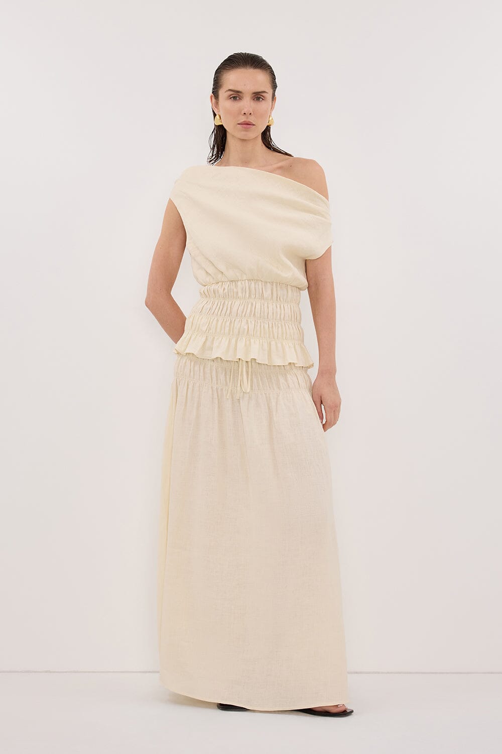 MAIA STRAW SLEEVELESS LINEN SHIRRED TOP