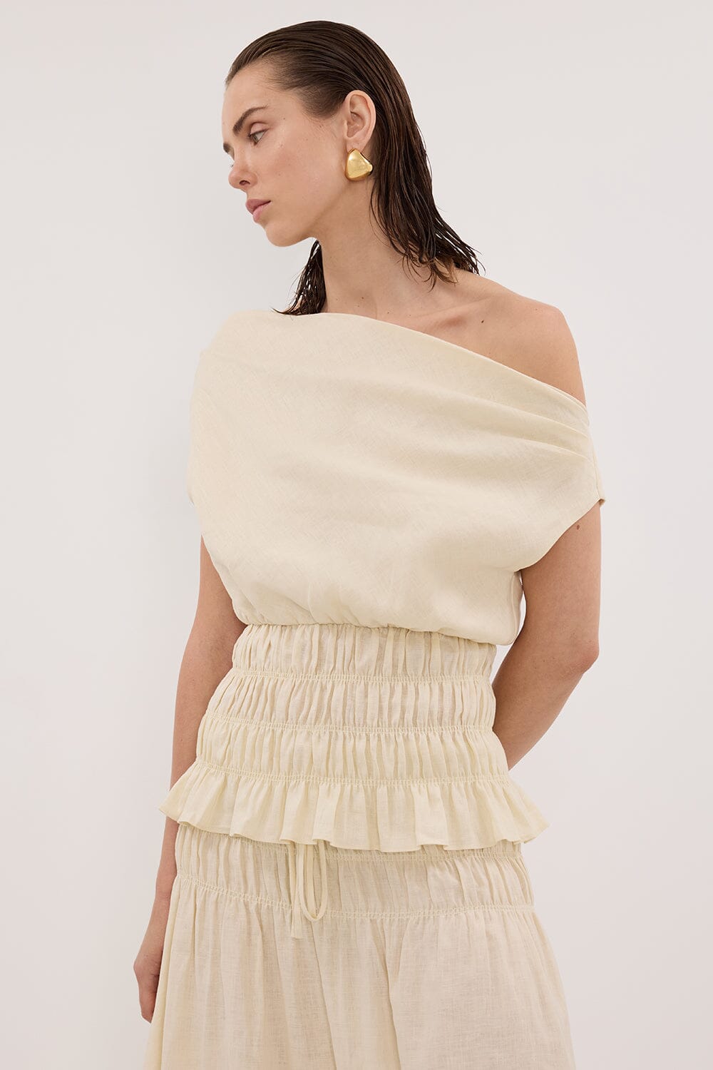 MAIA STRAW SLEEVELESS LINEN SHIRRED TOP