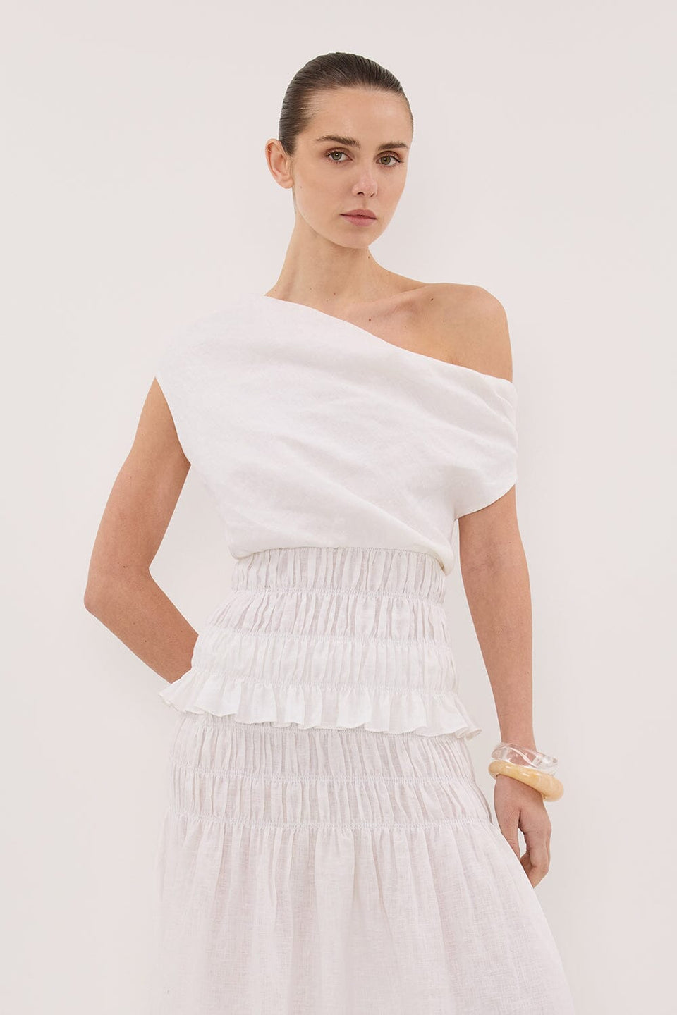 MAIA WHITE LINEN SHIRRED TOP Clothing DISSH Boutiques 6 WHITE 