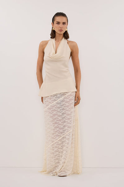 Stas wearing CARLENE STRAW SLEEVELESS CUPRO COWL TOP