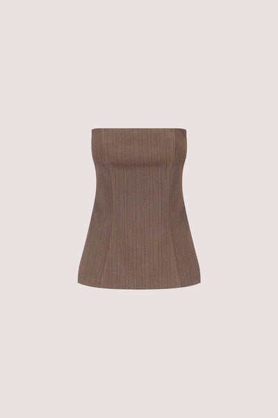 Adrienne wearing HAILEY CHOC STRAPLESS STRIPE BUSTIER TOP