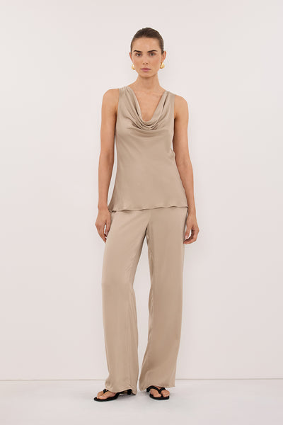 Stas wearing PEYTON GOLD SILK COWL TOP