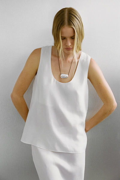 Zoe wearing PALORA WHITE CUPRO TOP