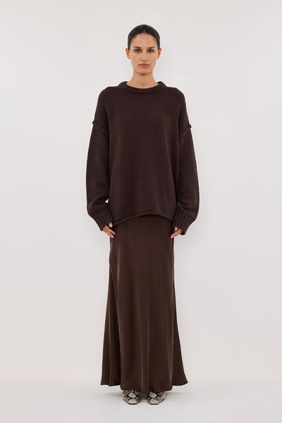 Annie wearing COLETTE BITTER CHOC SILK MAXI SKIRT