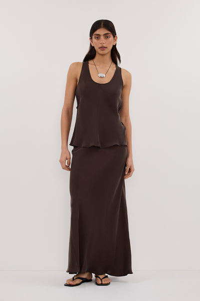 Annie wearing COLETTE BITTER CHOC SILK MAXI SKIRT