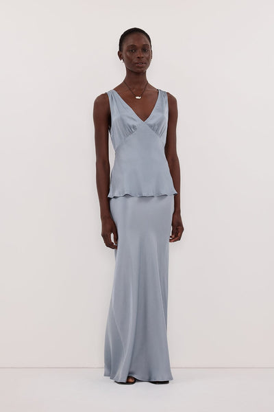 Maguette wearing COLETTE DUSTY BLUE SILK MAXI SKIRT