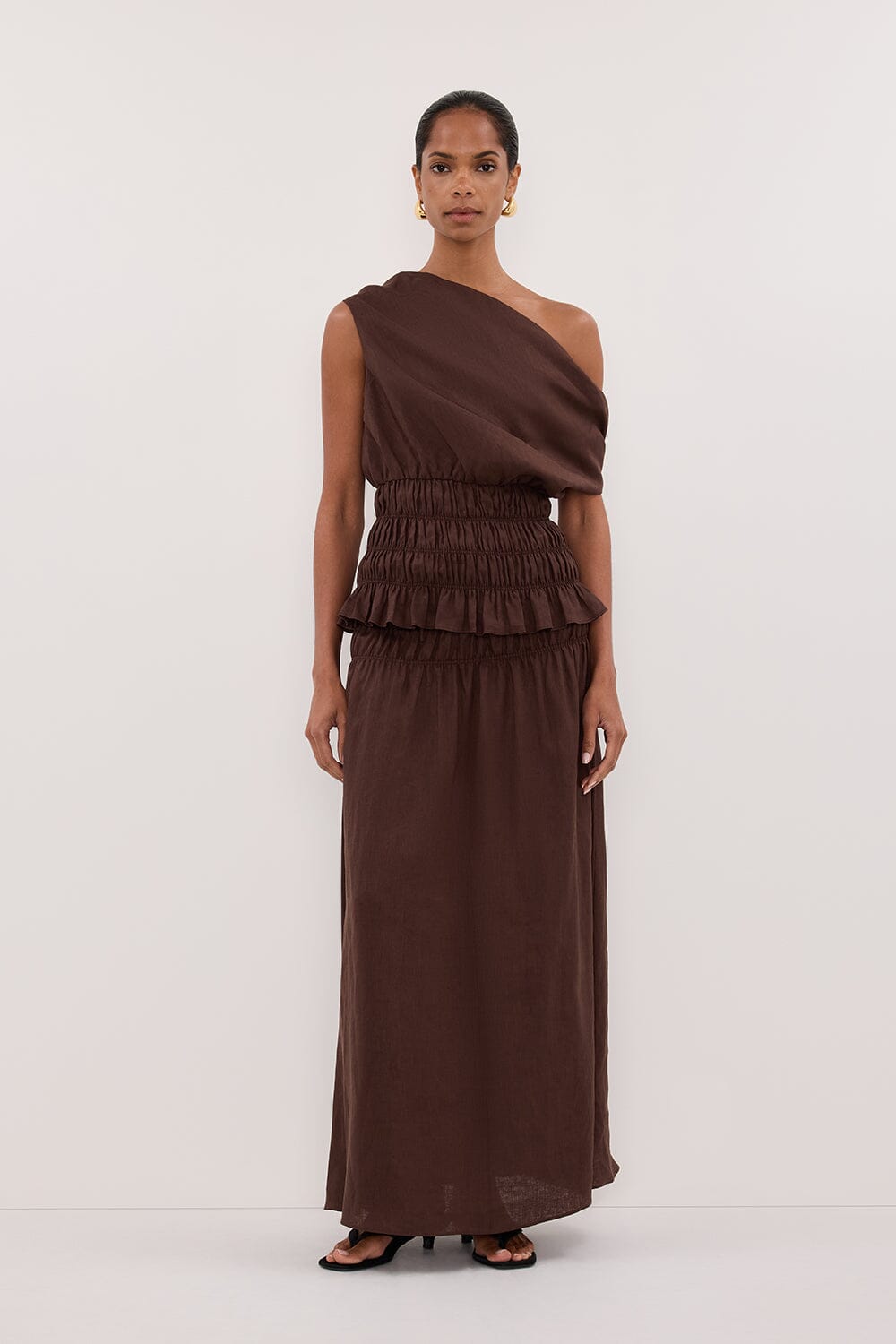 MAIA COCOA LINEN SHIRRED MIDI SKIRT