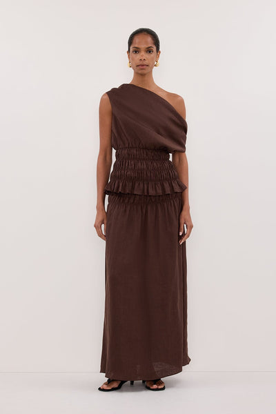 Kristen wearing MAIA COCOA LINEN SHIRRED MIDI SKIRT