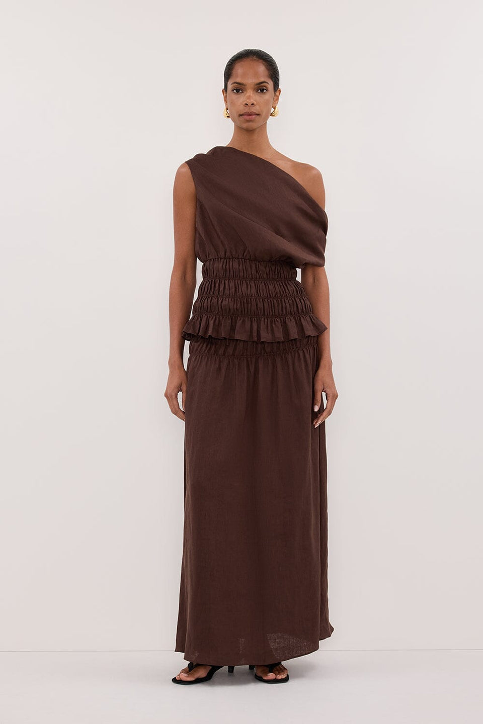 MAIA COCOA LINEN SHIRRED MIDI SKIRT Clothing DISSH Boutiques 