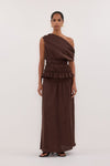 MAIA COCOA LINEN SHIRRED MIDI SKIRT