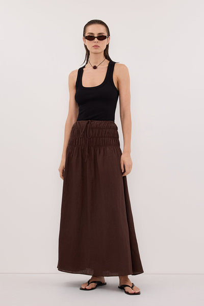 Stas wearing MAIA COCOA LINEN SHIRRED MIDI SKIRT