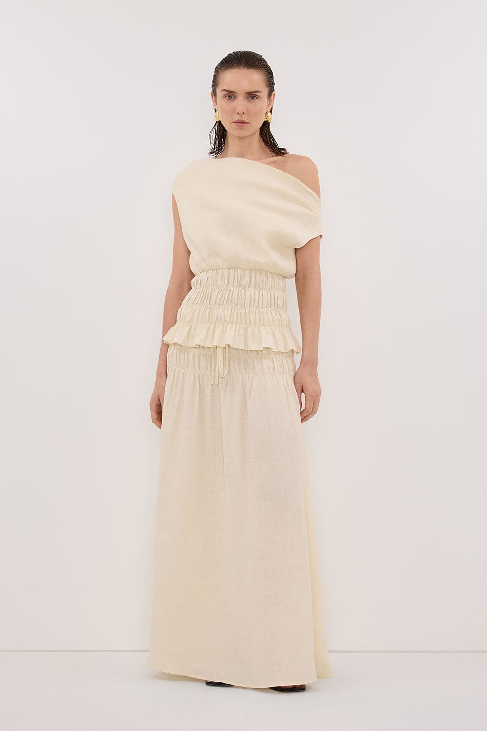 MAIA STRAW LINEN SHIRRED MIDI SKIRT