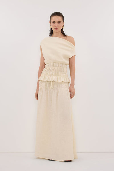 Stas wearing MAIA STRAW LINEN SHIRRED MIDI SKIRT