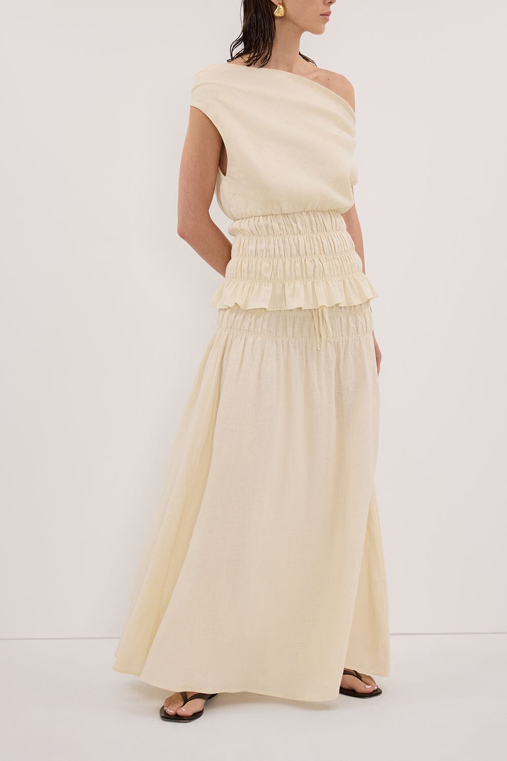 MAIA STRAW LINEN SHIRRED MIDI SKIRT