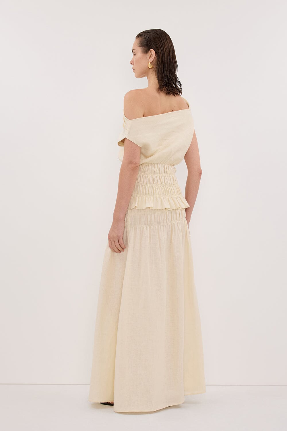 MAIA STRAW LINEN SHIRRED MIDI SKIRT
