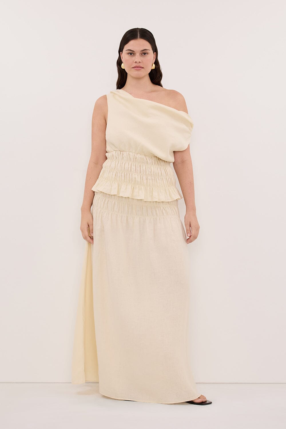 MAIA STRAW LINEN SHIRRED MIDI SKIRT