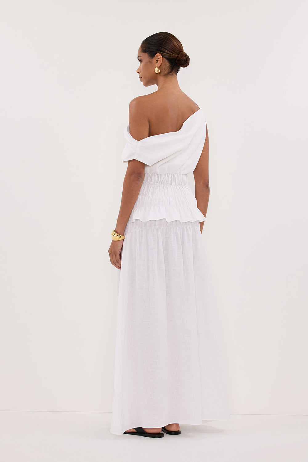 MAIA WHITE LINEN SHIRRED MIDI SKIRT