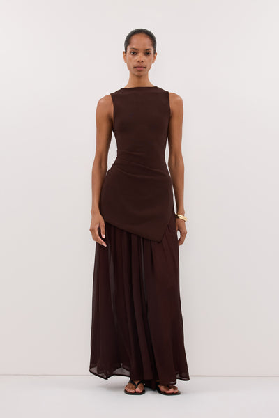 Kristen wearing TIANA DARK CHOC MIDI SKIRT