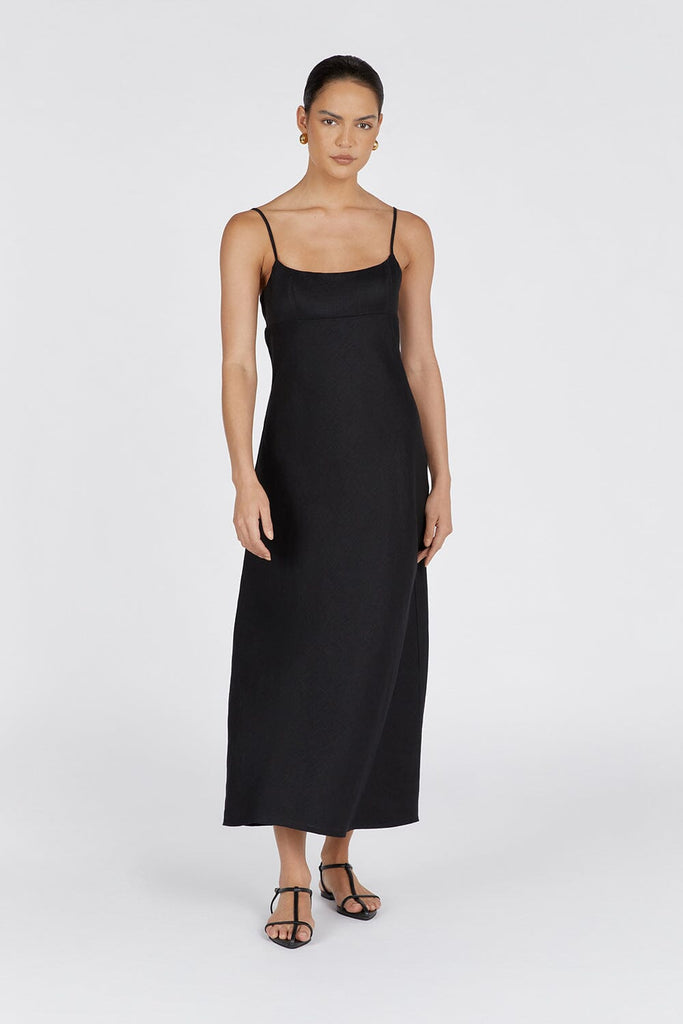 LUCIA BLACK LINEN MIDI DRESS | Dissh