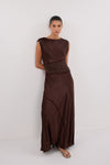 MONICA BITTER CHOCOLATE SATIN MIDI DRESS