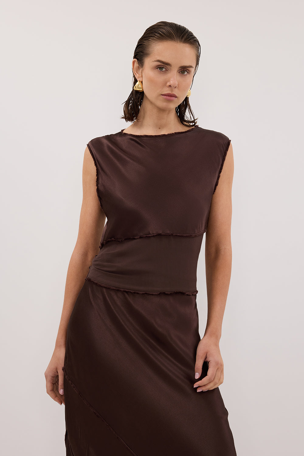 MONICA BITTER CHOCOLATE SATIN MIDI DRESS Clothing DISSH Boutiques 