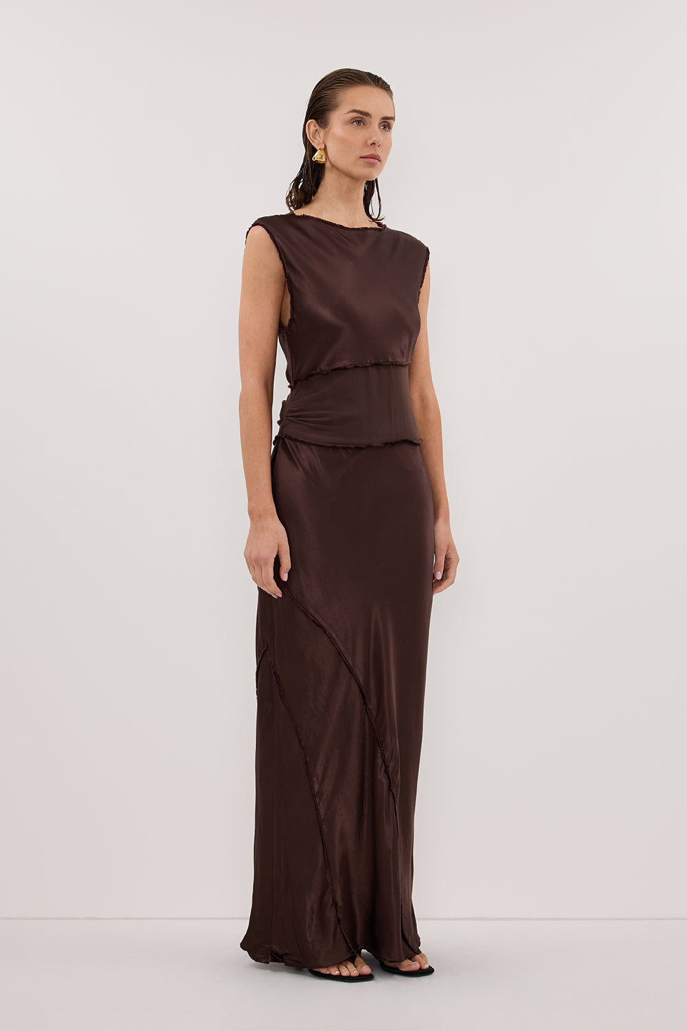 MONICA BITTER CHOCOLATE SATIN MIDI DRESS Clothing DISSH Boutiques 