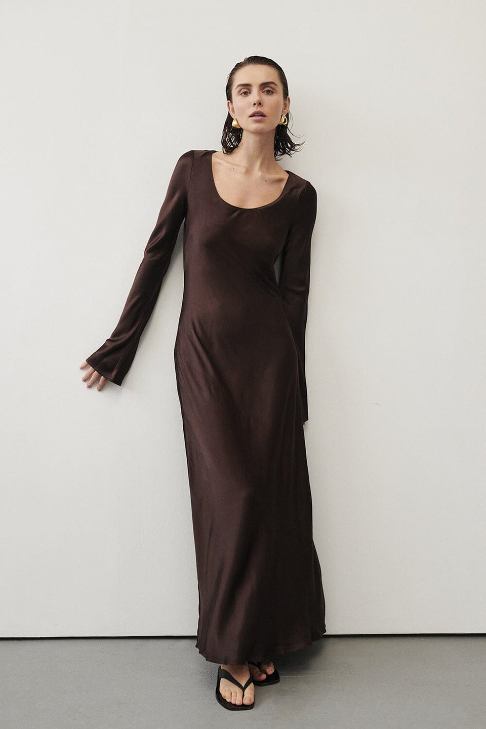 ELOISE BITTER CHOC LONG SLEEVE SATIN MIDI DRESS Clothing DISSH Boutiques 