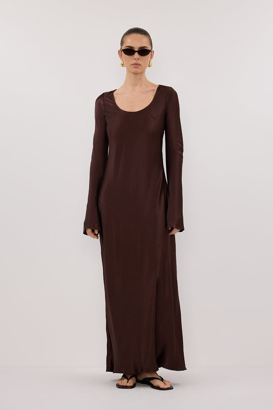 ELOISE BITTER CHOC LONG SLEEVE SATIN MIDI DRESS Clothing DISSH Boutiques 