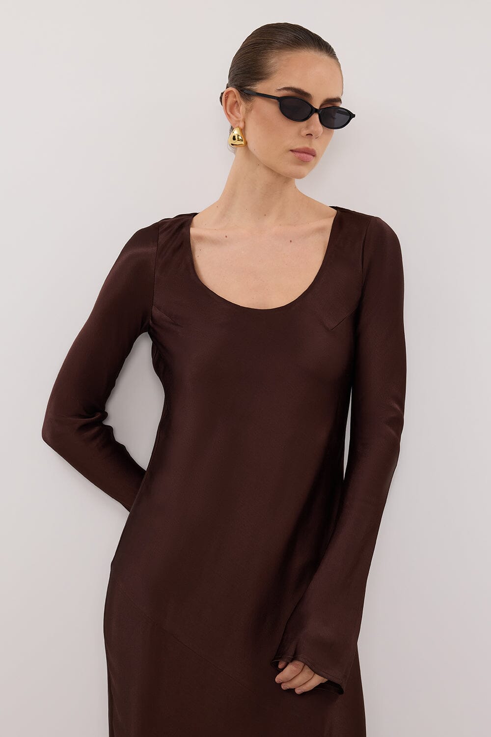 ELOISE BITTER CHOC LONG SLEEVE SATIN MIDI DRESS Clothing DISSH Boutiques 
