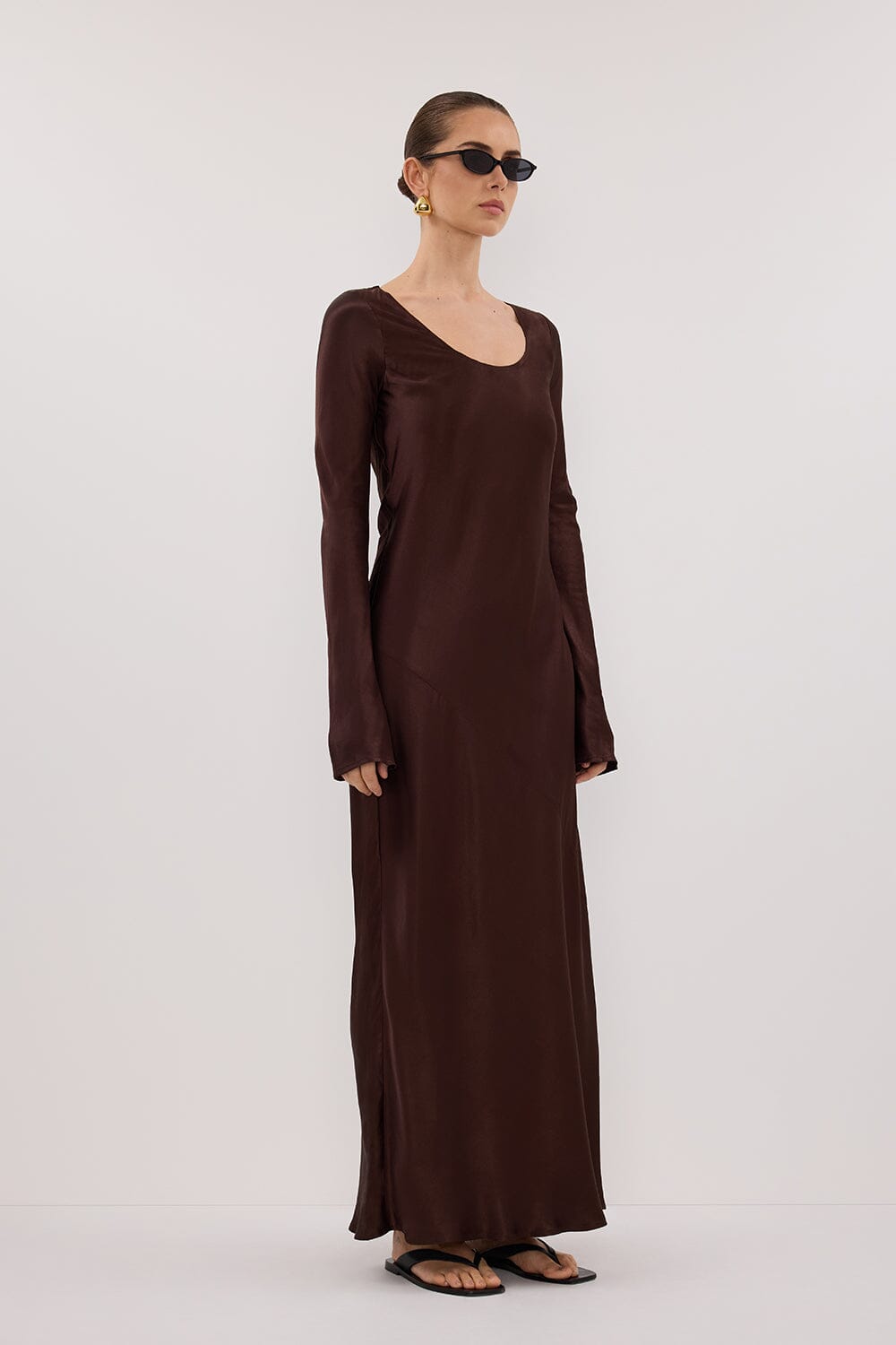 ELOISE BITTER CHOC LONG SLEEVE SATIN MIDI DRESS Clothing DISSH Boutiques 