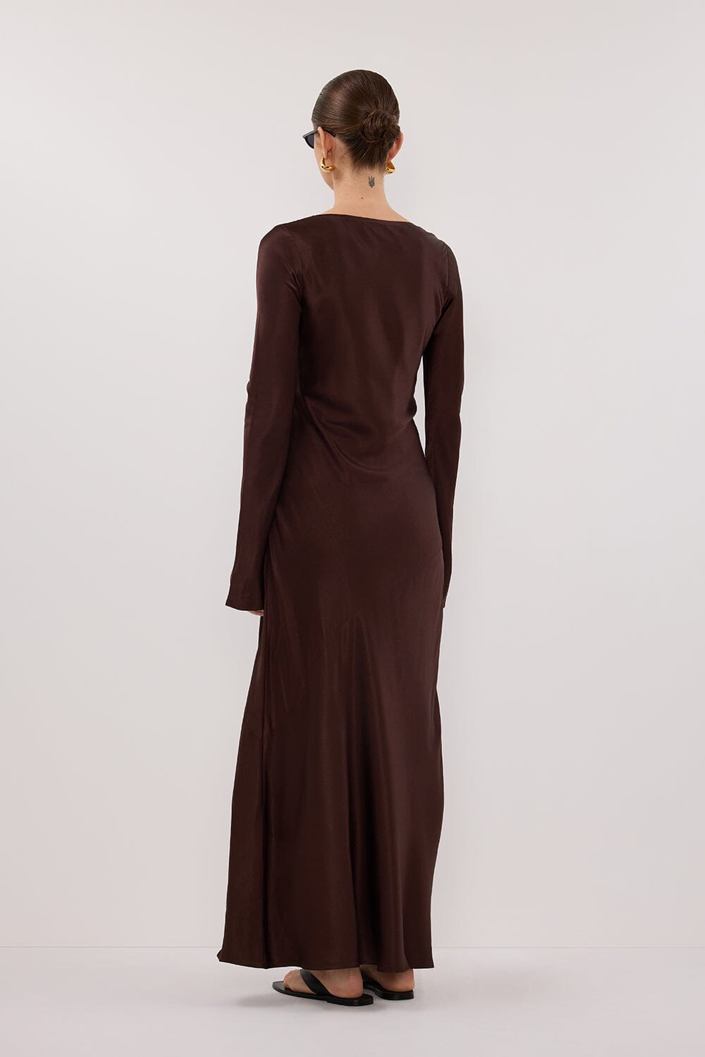 ELOISE BITTER CHOC LONG SLEEVE SATIN MIDI DRESS Clothing DISSH Boutiques 