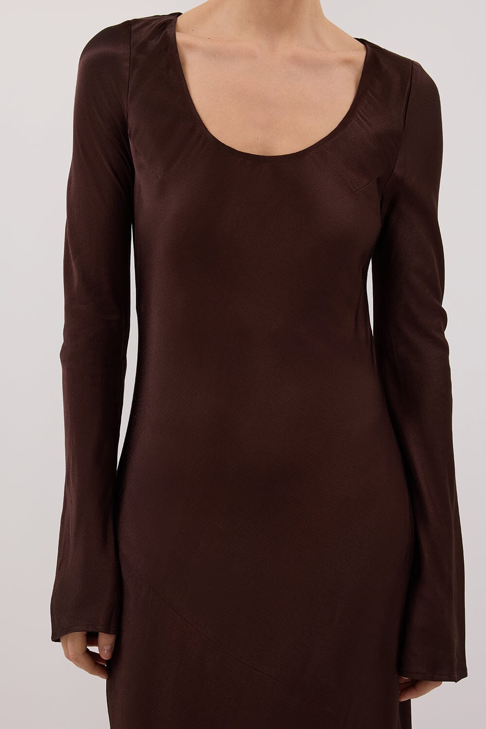 ELOISE BITTER CHOC LONG SLEEVE SATIN MIDI DRESS Clothing DISSH Boutiques 