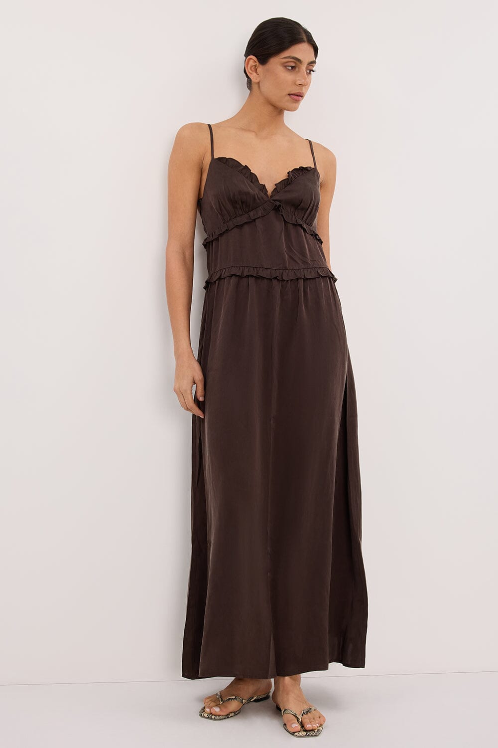 LENA BITTER CHOC SILK SLEEVELESS MAXI DRESS Clothing DISSH Boutiques 4 BITTER CHOCOLATE 