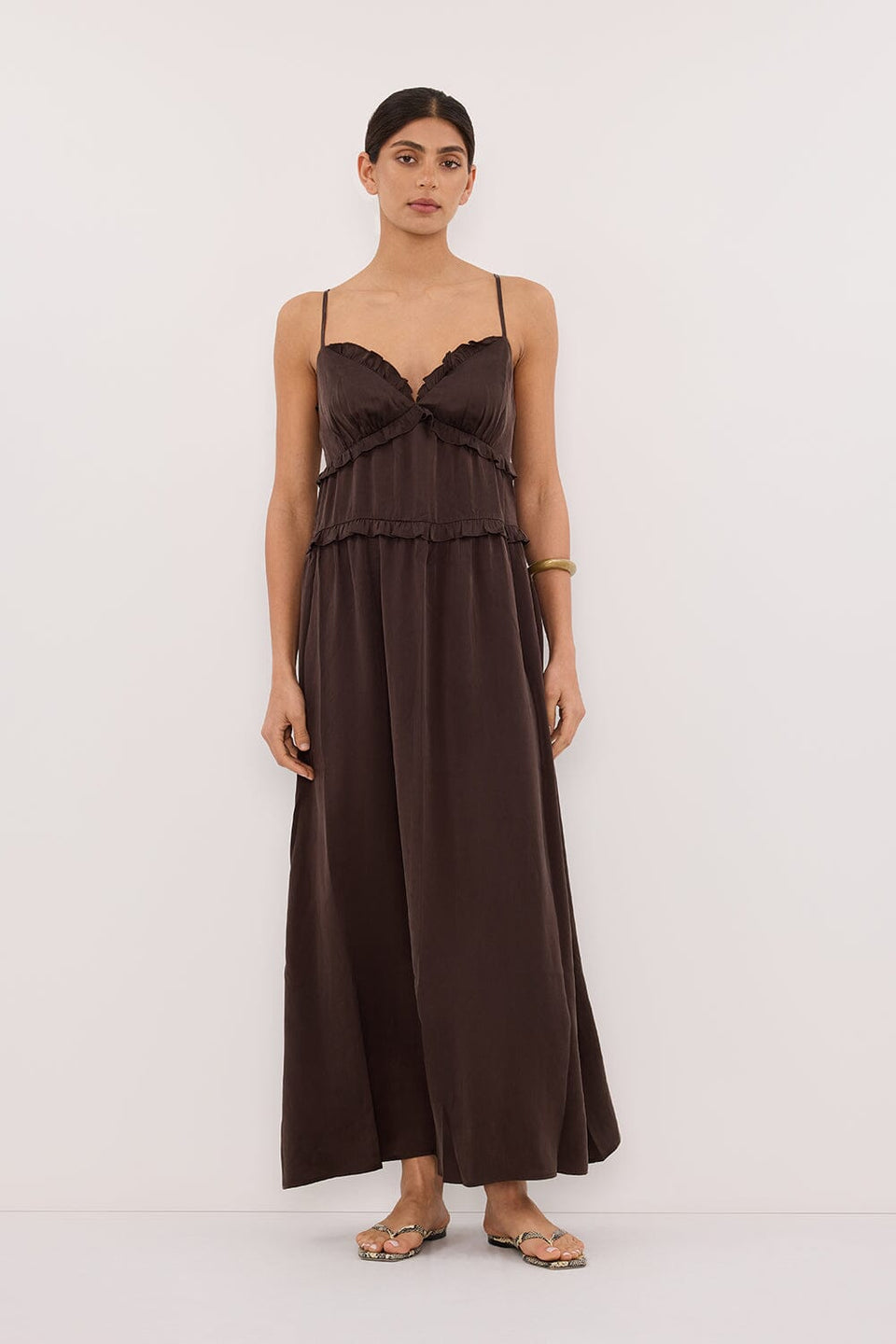 LENA BITTER CHOC SILK SLEEVELESS MAXI DRESS Clothing DISSH Boutiques 