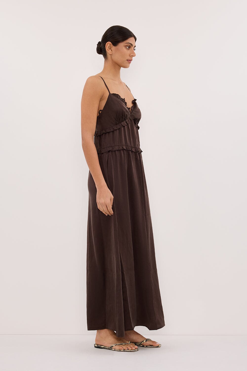 LENA BITTER CHOC SILK SLEEVELESS MAXI DRESS Clothing DISSH Boutiques 