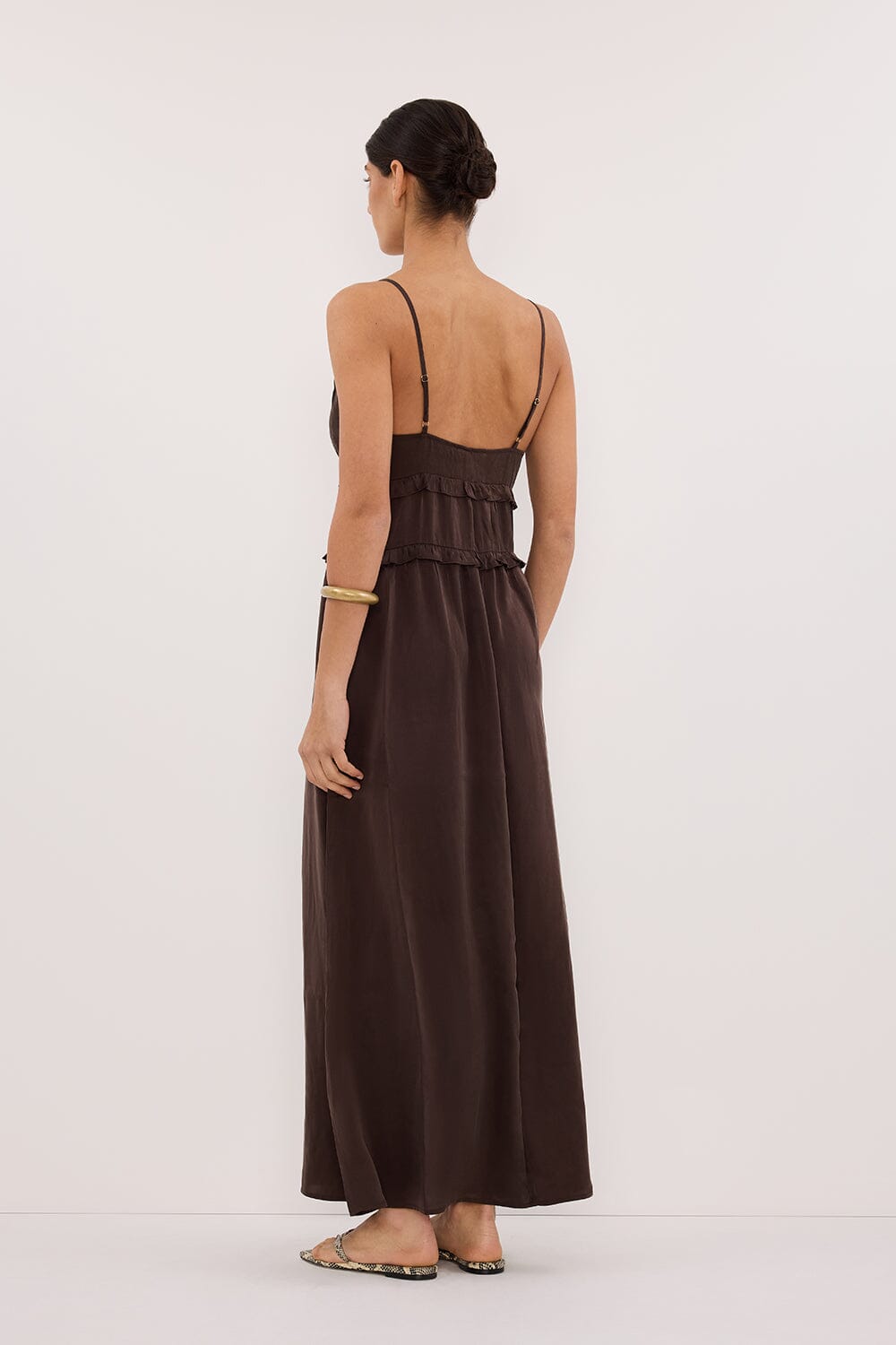 LENA BITTER CHOC SILK SLEEVELESS MAXI DRESS Clothing DISSH Boutiques 