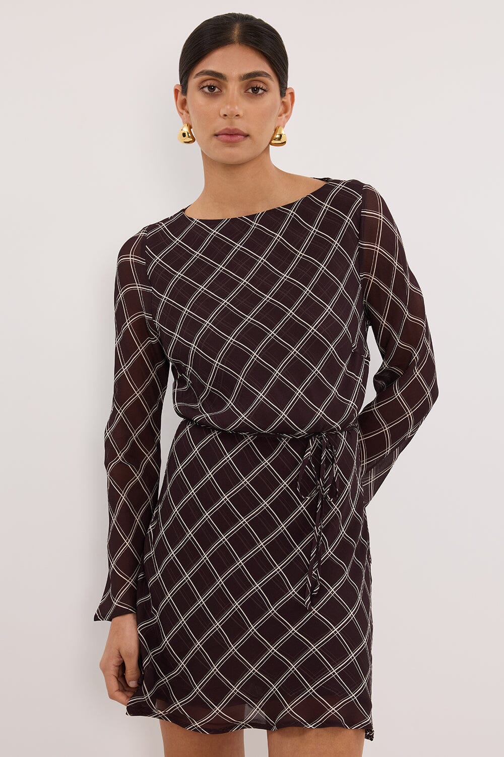 ARLINGTON CHOC LONG SLEEVE BOAT NECK MINI DRESS Clothing DISSH Boutiques 