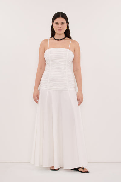Jasmine wearing CARA WHITE SLEEVELESS COTTON MIDI DRESS