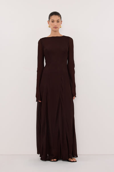 Aude wearing ELODIE DARK CHOC LONG SLEEVE MAXI DRESS