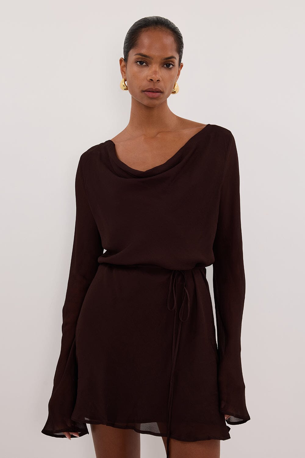 CORFU DARK CHOC SLEEVED MINI DRESS Clothing DISSH Boutiques 