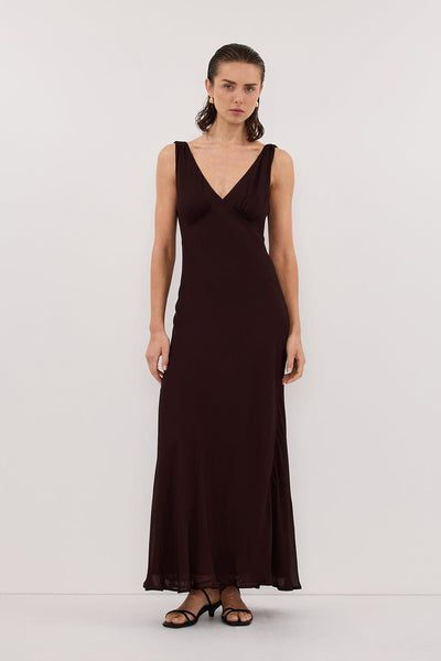 Stas wearing JORJA DARK CHOC SLEEVELESS MAXI DRESS