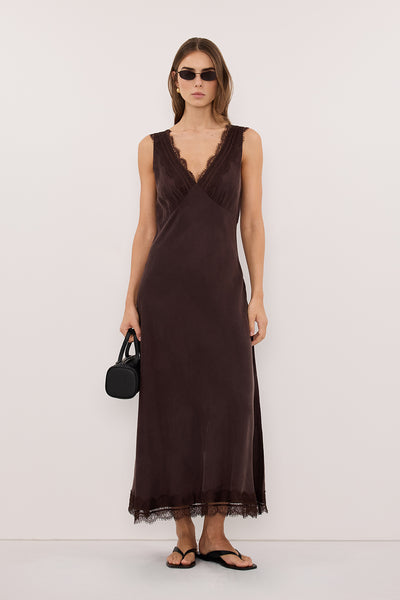 Stas wearing ANDREA PLUM CHOC CUPRO MIDI DRESS