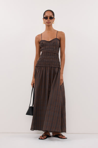 Kristen wearing PETRA CHOC CHECK MIDI DRESS